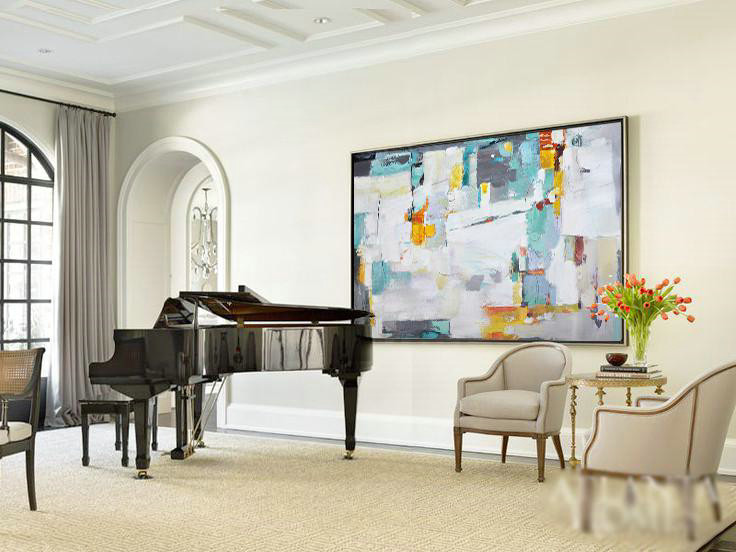 Large Abstract Art Handmade Oil Painting,Horizontal Palette Knife Contemporary Art,Original Art,White,Grey,Yellow.etc
